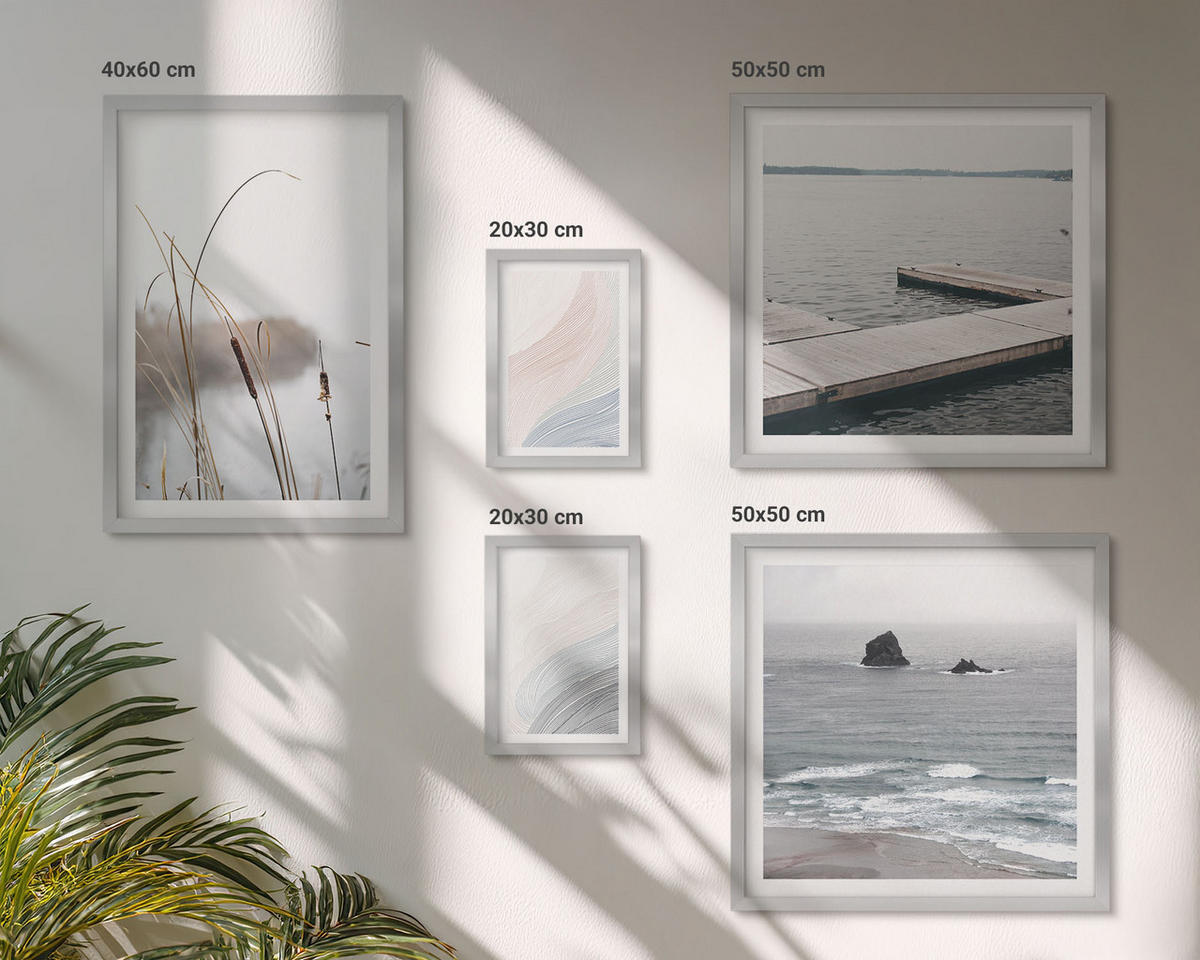WANDBILDER 5er Set - 50x50 cm & 20x30 cm & 40x60 cm Silberner Rahmen - Abstrakte Pastellwellen - Silberfarben, Kunststoff (40/60cm) - ArtPrintCave