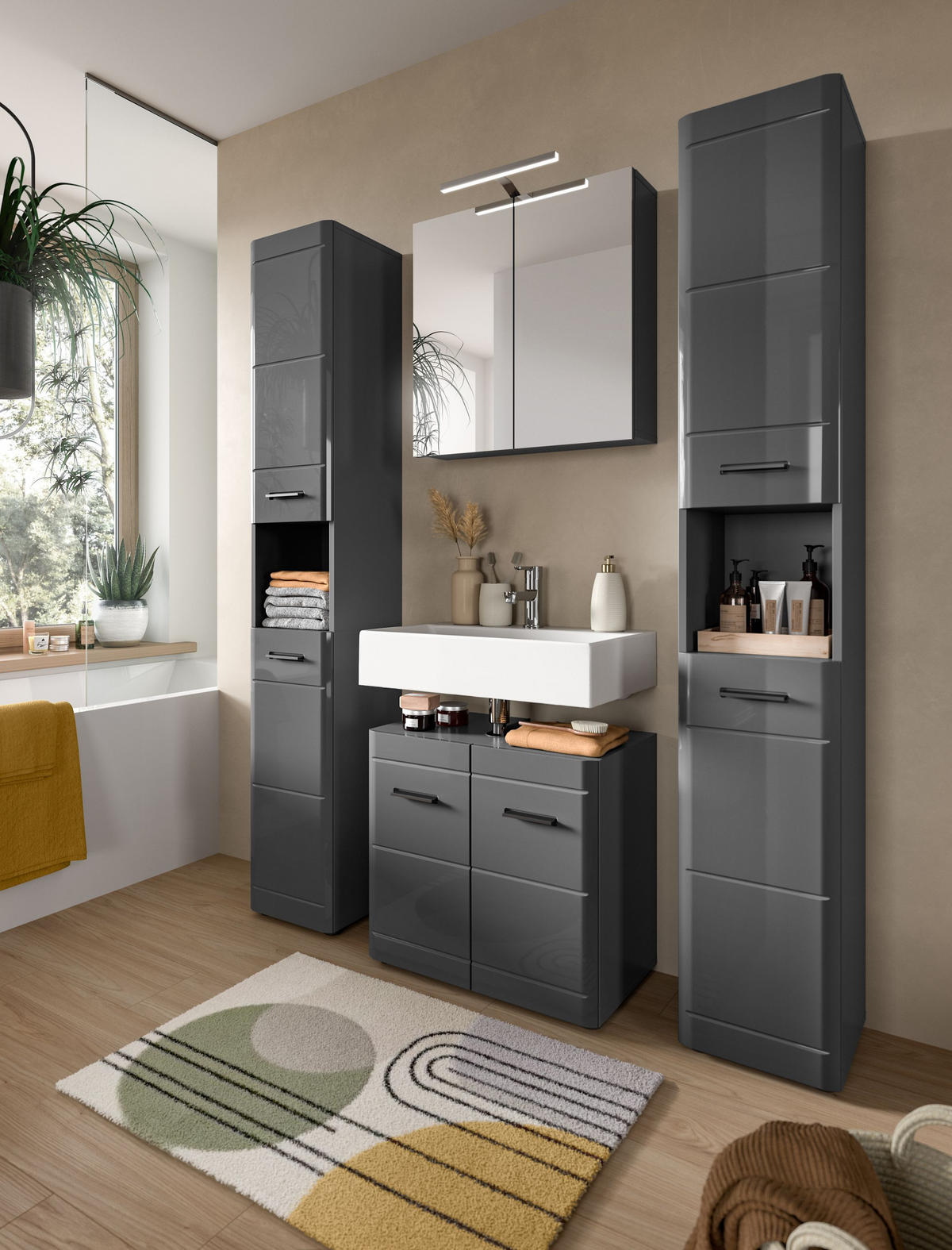 HOCHSCHRANK SOFT (B/H/T: ca. 30/180/30 cm) in grau/grau hochglanz - Grau, Holzwerkstoff (30/180/30cm)