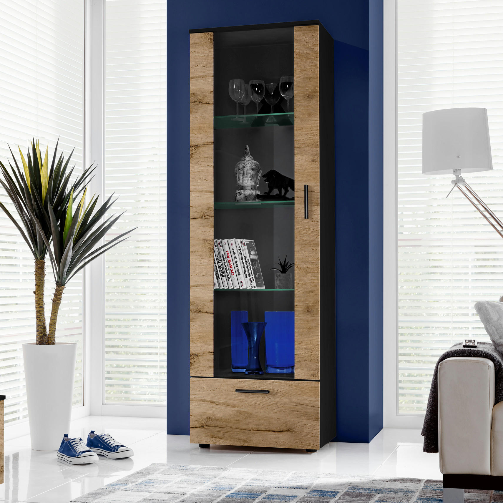 VITRINE ALESSANDRIA, Wotan - Eiche Wotan/Schwarz, Glas/Holzwerkstoff (60/192/42cm) - Komodee