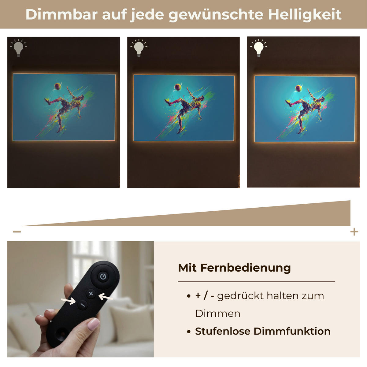 NÁSTĚNNÁ LAMPA S AKUMULÁTOREM Fotbalista - Stříkající barva - Barevné - Míč 100x70 cm - modrá, kompozitní dřevo (100/70/8cm) - OnlyWow