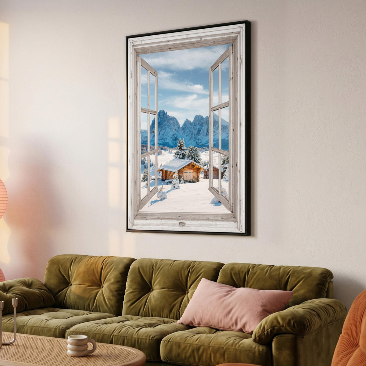 LEINWAND Bilder mit Rahmen - Winterlandschaft - Hütte - Berge - Ausblicke - Aussicht - Natur - 80x120 - Weiß Hochglanz, Textil (80/120cm) - MuchoWow