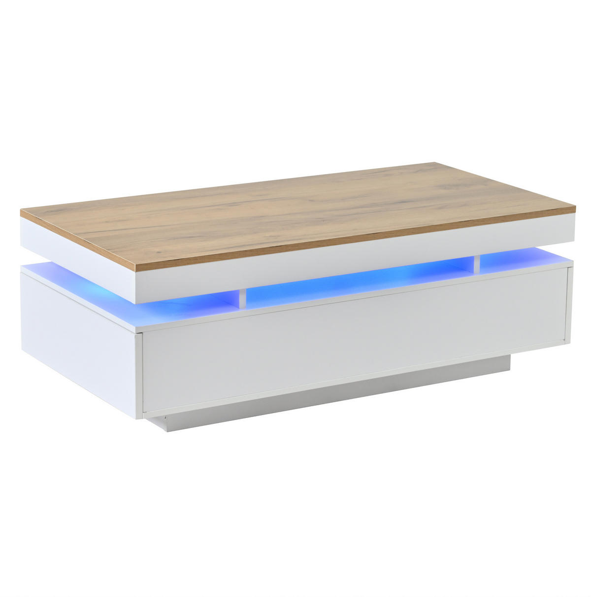 KONFERENČNÍ stolek z dřevotřísky 100x50x35 cm bílá a dekor dřeva s LED osvětlením, 2 zásuvkami a vysokým leskem - bílá, kompozitní dřevo (100/50/35cm) - Modfu