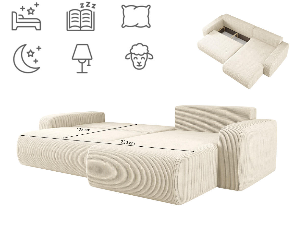 SCHLAFSOFA MILANO XL und bettkasten stoff Poso Dicker Cord Ecru Rechts - Ecru, Holz (274/82/145cm) - Kaiser Möbel