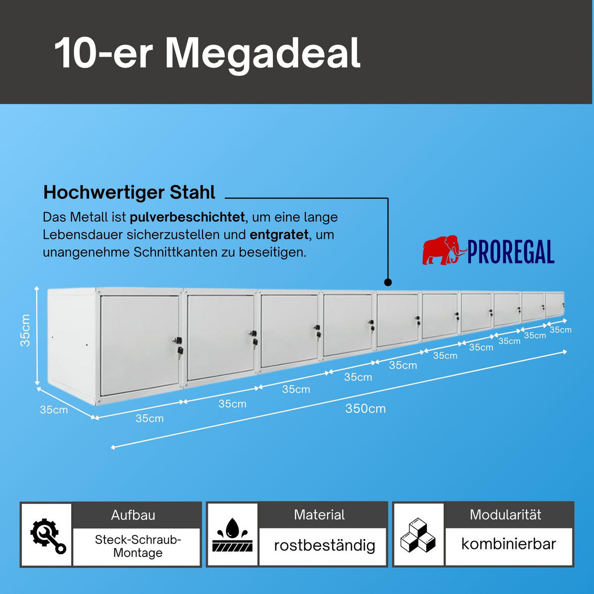 SCHLIESSFACHWÜRFEL Cubic 10er-Set 35x35x35 cm Grau - Grau, Metall (70/175/35cm) - PROREGAL