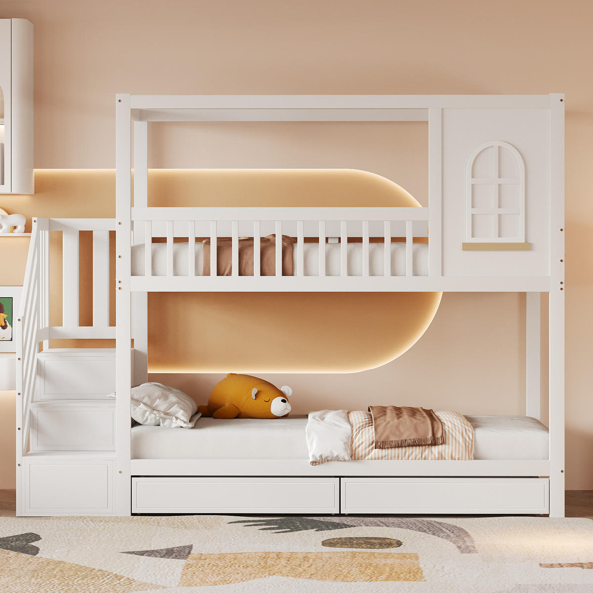 ETAGENBETT 90/200 cm Weiß aus Massivholz mit Stauraum und Haus-Design - Weiß, Holz (90/200cm) - Flora Grace