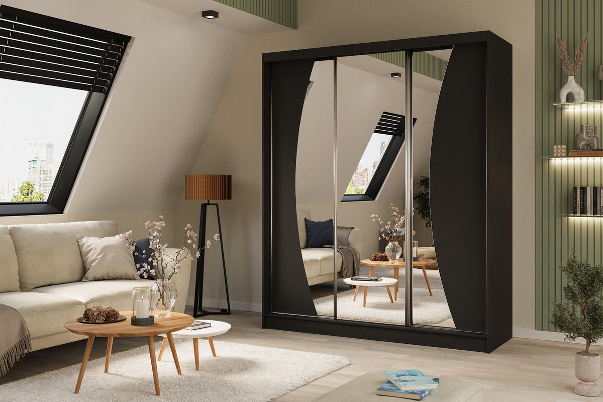 KLEIDERSCHRANK mit Spiegel-Schiebetüren und Aluminium-Leisten, LED-Beleuchtung - VOXI - 180 cm Schwarz - Schwarz, Holzwerkstoff (180/216/61cm) - ALTDECOR