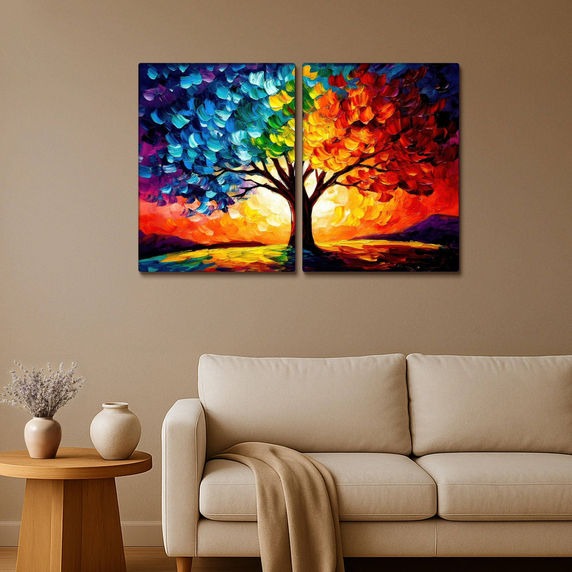 LEINWANDBILD 2er Set Baum - Farbenfroh - Malerei-Look - Abstrakt 100x70 cm - Multicolor, Textil (100/70cm) - MuchoWow