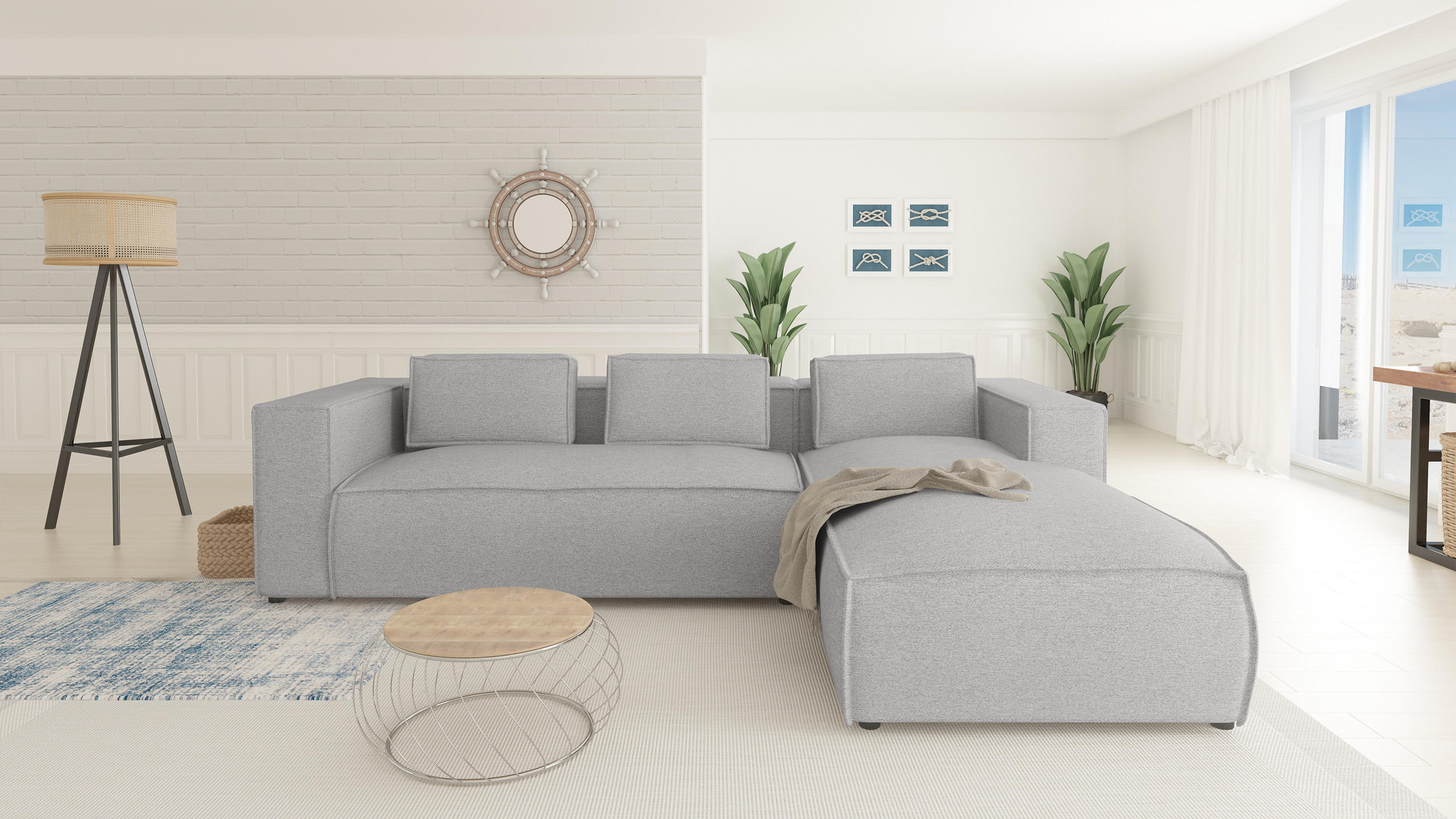 Thumbnail - S-Style Möbel Ecksofa, Grau, Textil, Echtholz,Buche, Birke, 5-Sitzer, Füllung: Polyetherschaumkern, Eckteil, L-Form, Ott...