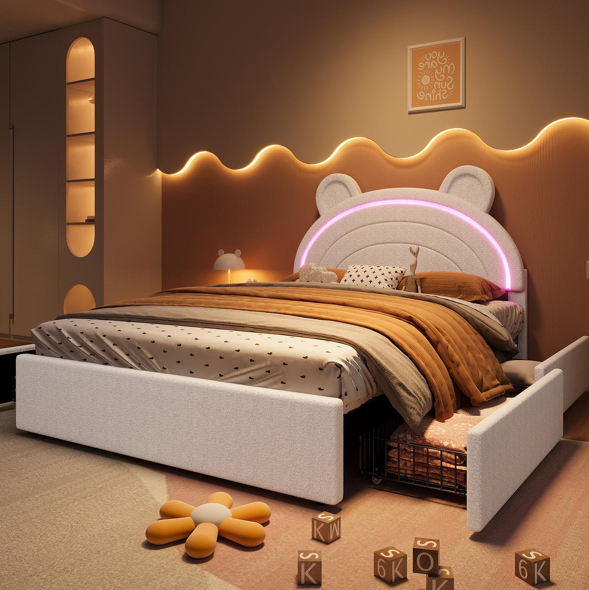 KINDER-POLSTERBETT aus Samt 140x200 cm Beige mit 4 Schubladen, Bären-Kopfteil und App-LED - Beige, Textil (140/200cm) - Modfu