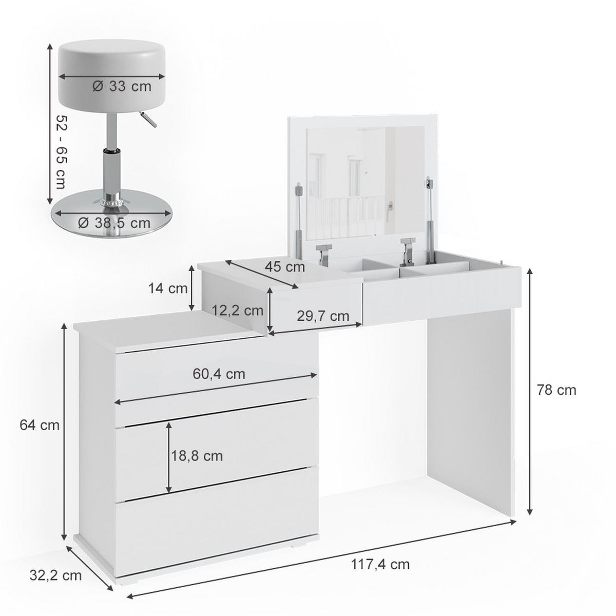 SCHMINKTISCH Lotos Weiß 117.4 cm mit Hocker - Weiß, Holzwerkstoff (117.4/78/45cm) - Vicco