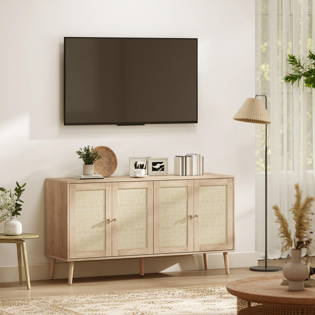 SIDEBOARD DE-11246 2 Türen mit Rattan & verstellbaren Böden Naturholz - Naturfarben, Holzwerkstoff (140/75/40cm) - ComfortXL