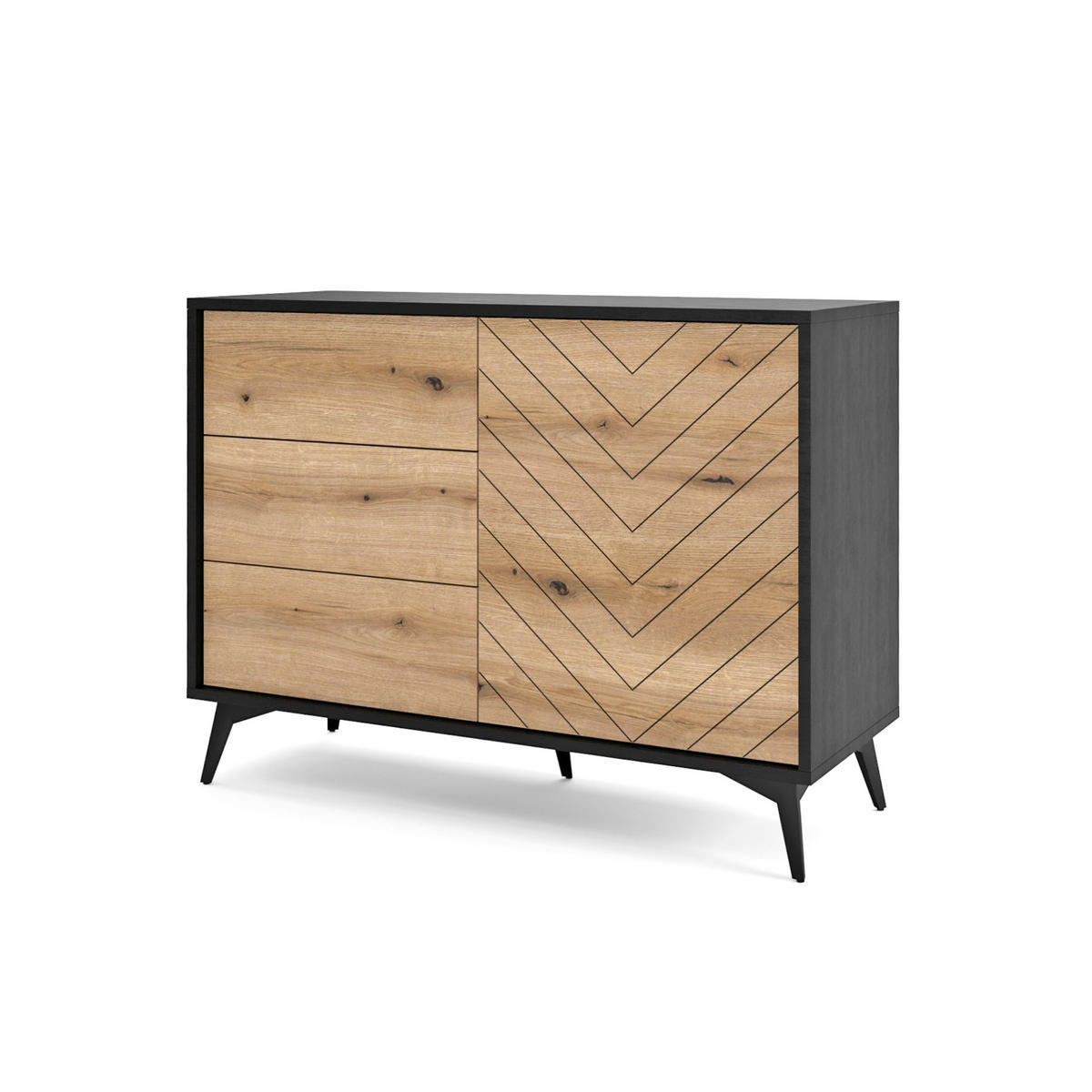 SIDEBOARD Boulia Schwarz mit Fischgrätfronten in Eiche 104 cm - Eichefarben/Schwarz, Holzwerkstoff/Metall (104/77/39cm) - Selsey
