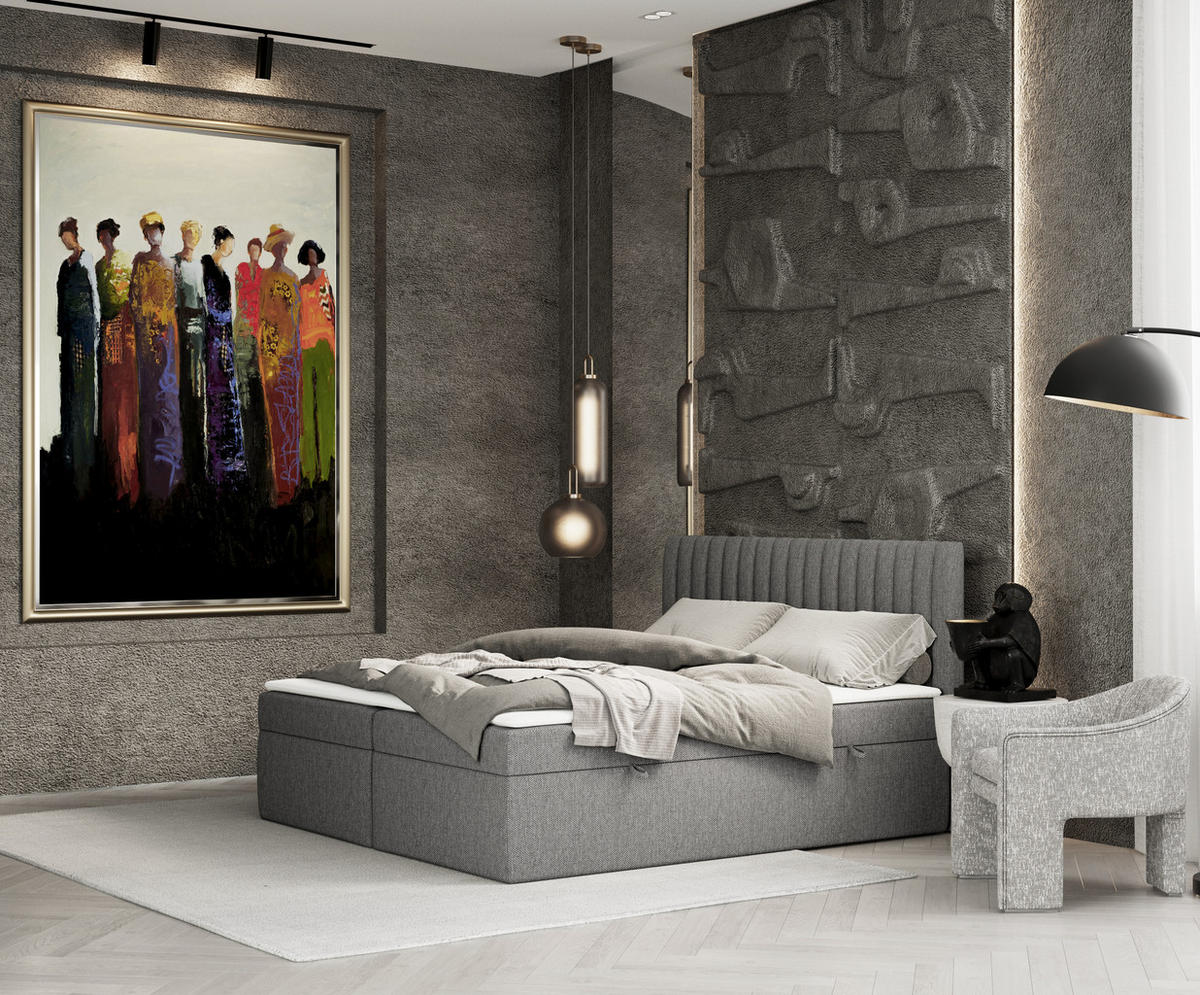 BOXBETT Spencer Grau 180/200 cm mit Matratze und Topper - Schwarz/Grau, Holz/Holzwerkstoff (180/200cm) - Maison de Reve