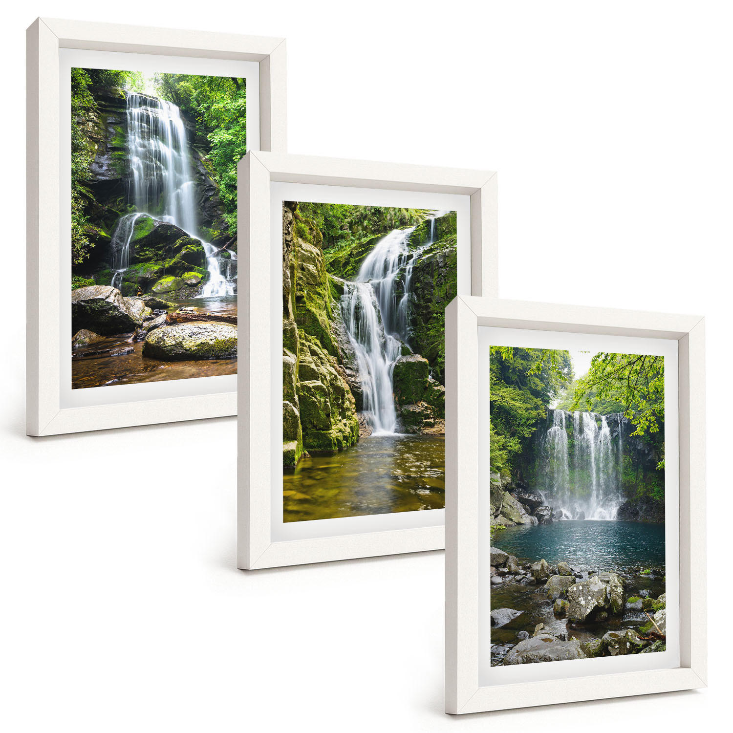 BILDER SET 3er Set - 20x30 cm Weißer Rahmen - Wasserfälle, grüne Umgebung - Weiß, Kunststoff (20/30cm) - TULUP