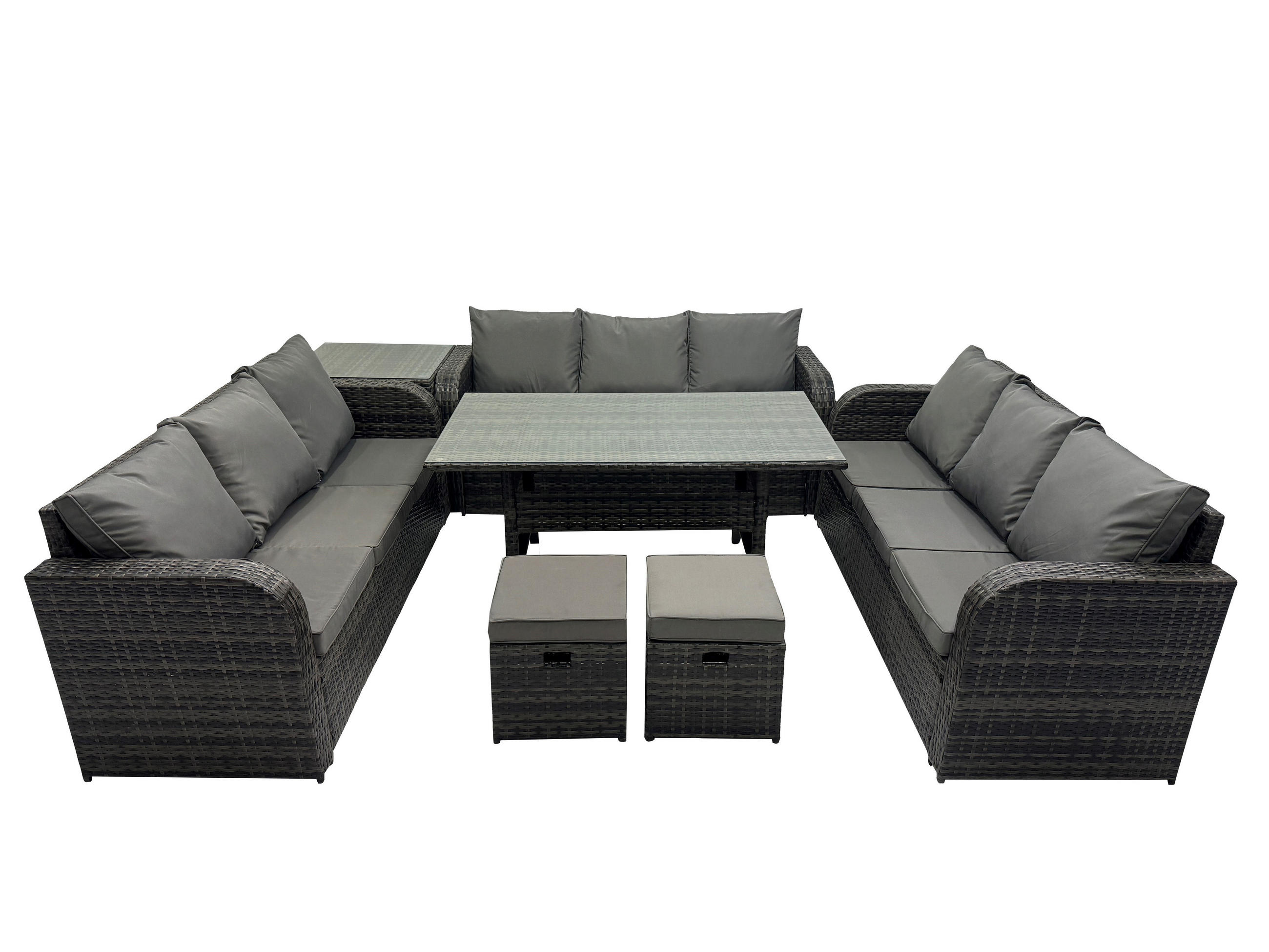 GARTENTISCHGRUPPE mit Beistelltisch 2 Hocker Polyrattan Dunkelgrau 11-Sitzer - Dunkelgrau/Grau, Glas/Kunststoff - Fimous