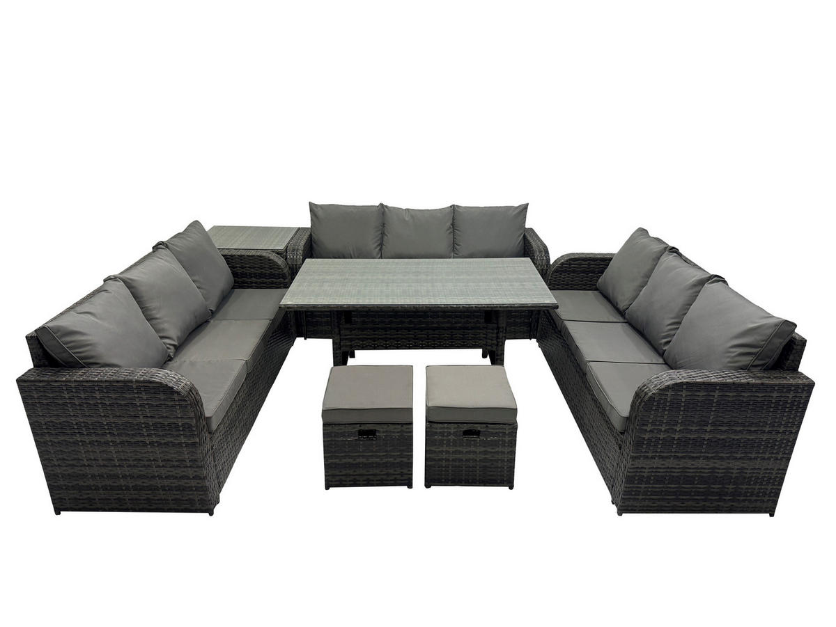 GARTENTISCHGRUPPE mit Beistelltisch 2 Hocker Polyrattan Dunkelgrau 11-Sitzer - Dunkelgrau/Grau, Glas/Kunststoff - Fimous