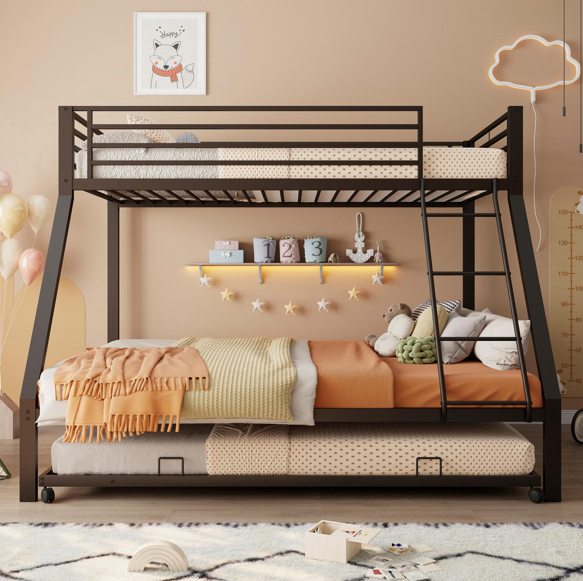 ETAGENBETT aus Metall 90/140x200 cm Schwarz mit Ausziehbett, hohe Belastbarkeit und 3 Schlafplätze - Schwarz, Metall (140/200cm) - Modfu