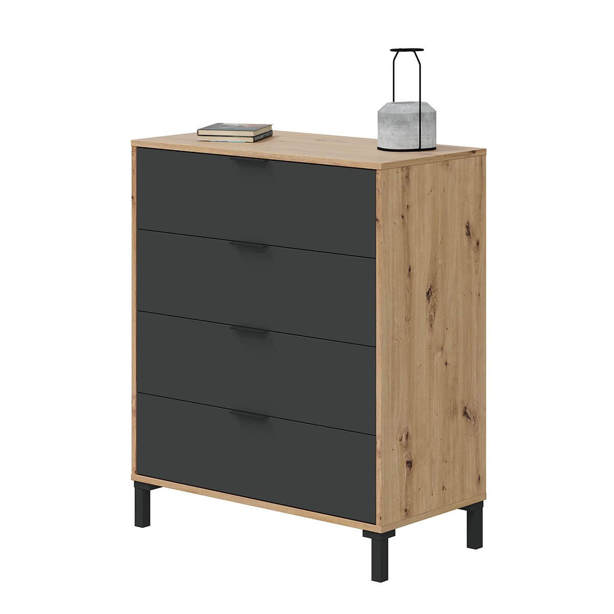 KOMMODE mit 4 Schubladen, Dekor Eiche und Anthrazitgrau - L77,5 cm - Apfelbaumfarben, Holzwerkstoff (40/93.5/77.5cm) - Calicosy