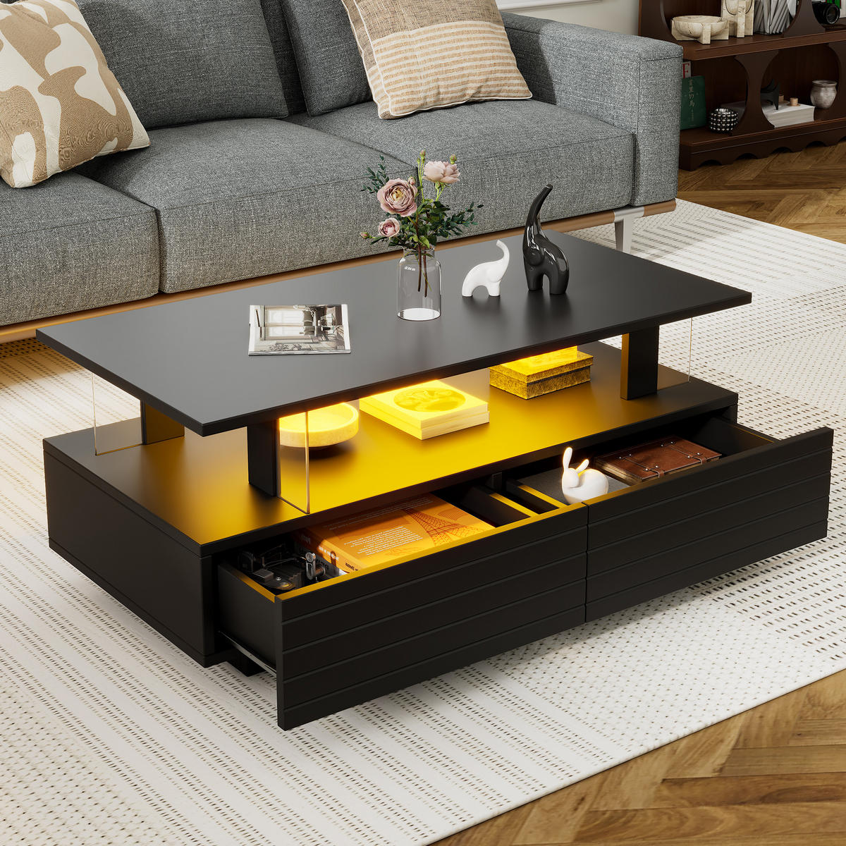 COUCHTISCH 100/50/42 cm in Schwarz mit LED-Beleuchtung und 2 Schubladen - Schwarz, Holzwerkstoff (100/50/42.5cm) - Flora Grace