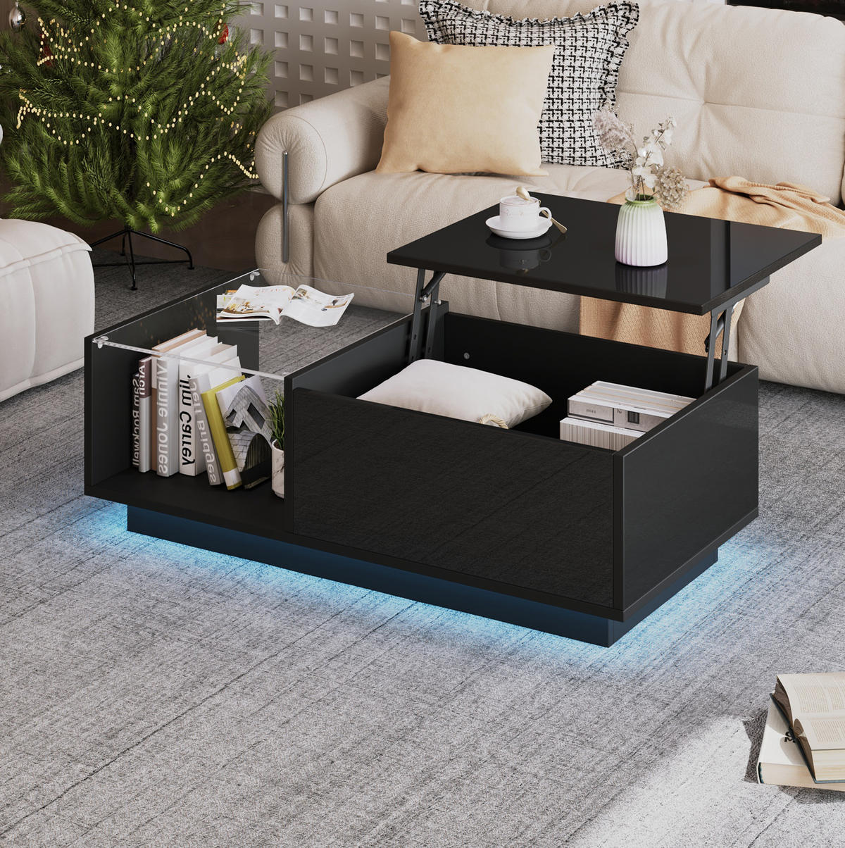 KLUBSKA miza, 100/50/33-46,5 cm črna, z LED-osvetlitvijo in dvižno ploščo - črna, leseni material (100/50/33cm) - BEAOK