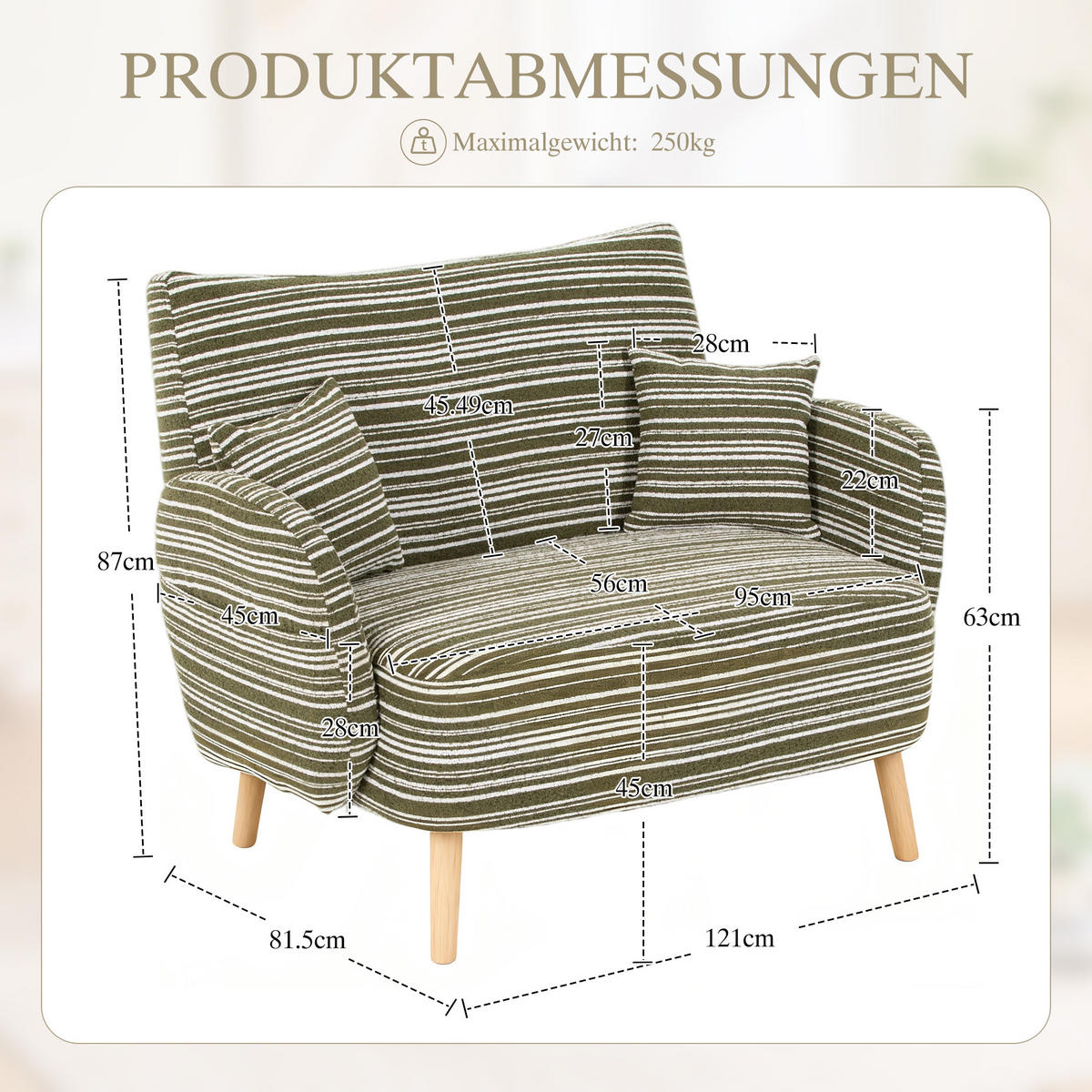 2-SITZER Sessel Grün mit Armlehnen & Seitentasche, modernes Stoffsofa - Grün, Textil/Metall (121/87/81cm) - PARAFTA HOME