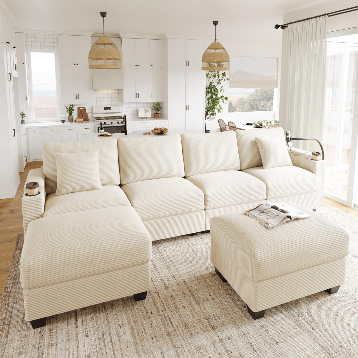 WOHNLANDSCHAFT Cord Beige mit USB, USB-C und Stauraum - Beige, Holzwerkstoff/Kunststoff (275.5/87/139cm) - WISHDOR