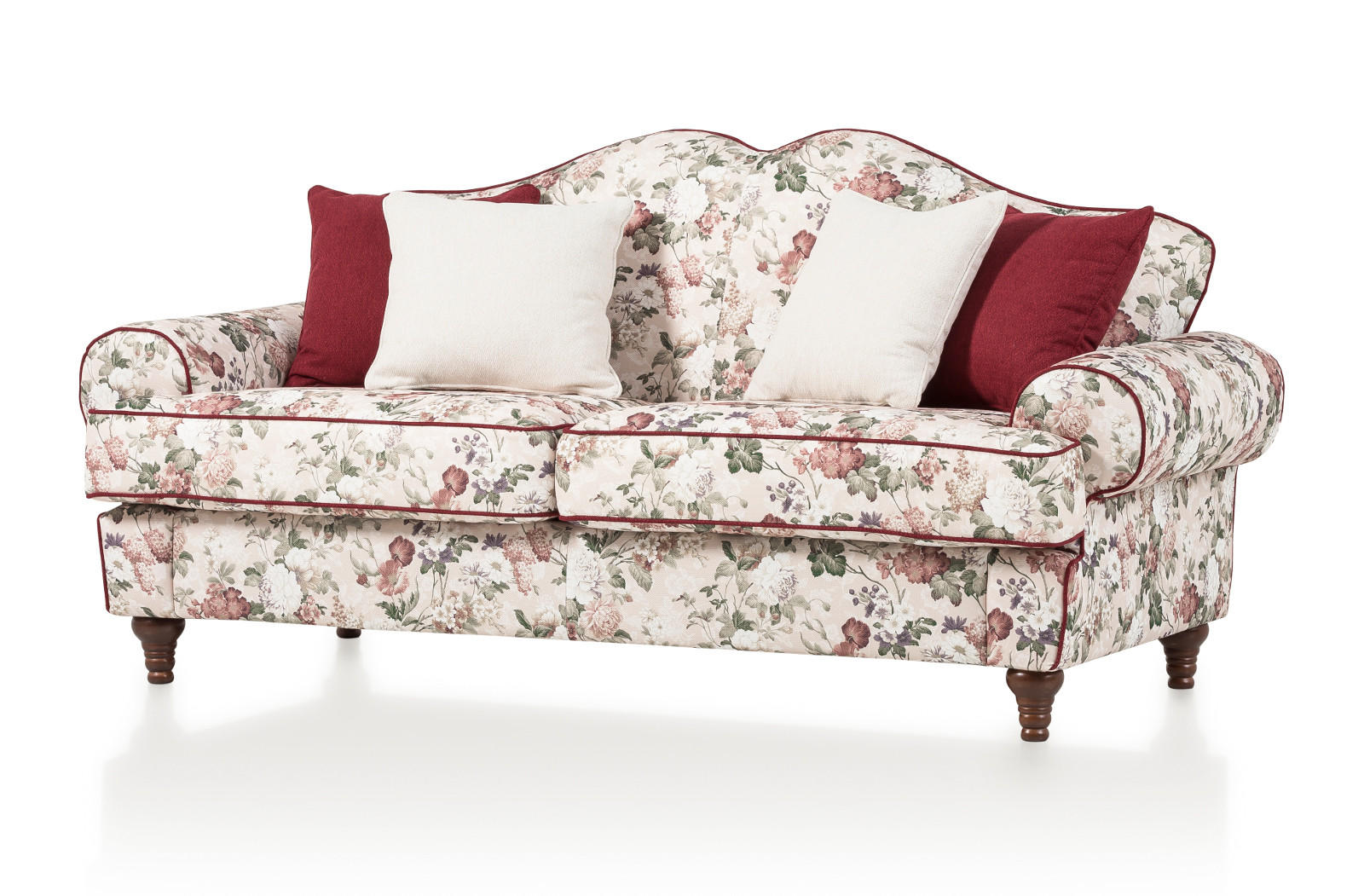 SOFA 3-SITZER creme Landhaus, Blumen Design, Couch 200 cm - Rot/Multicolor, Holz/Textil (200/96/90cm) - Furn.Design
