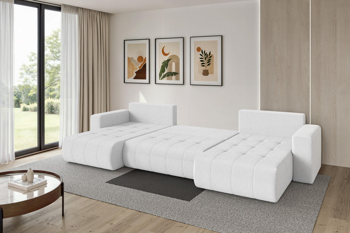 SEDACÍ SOUPRAVA DO U s funkcí spaní a úložným prostorem MILA-U 378x194x86 bílá bouclé - bílá/černá, kompozitní dřevo/textil (378/86/194cm) - ALTDECOR