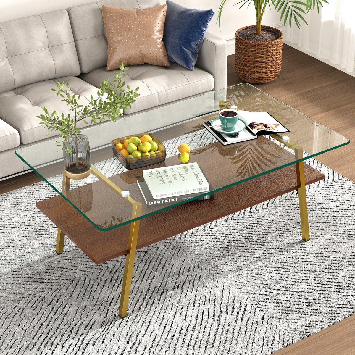 COUCHTISCH Gold/Braun aus gehärtetem Glas und MDF 98/58/42,5 cm - Altrosa, Holzwerkstoff (58/98/42.5cm) - PANGIVO