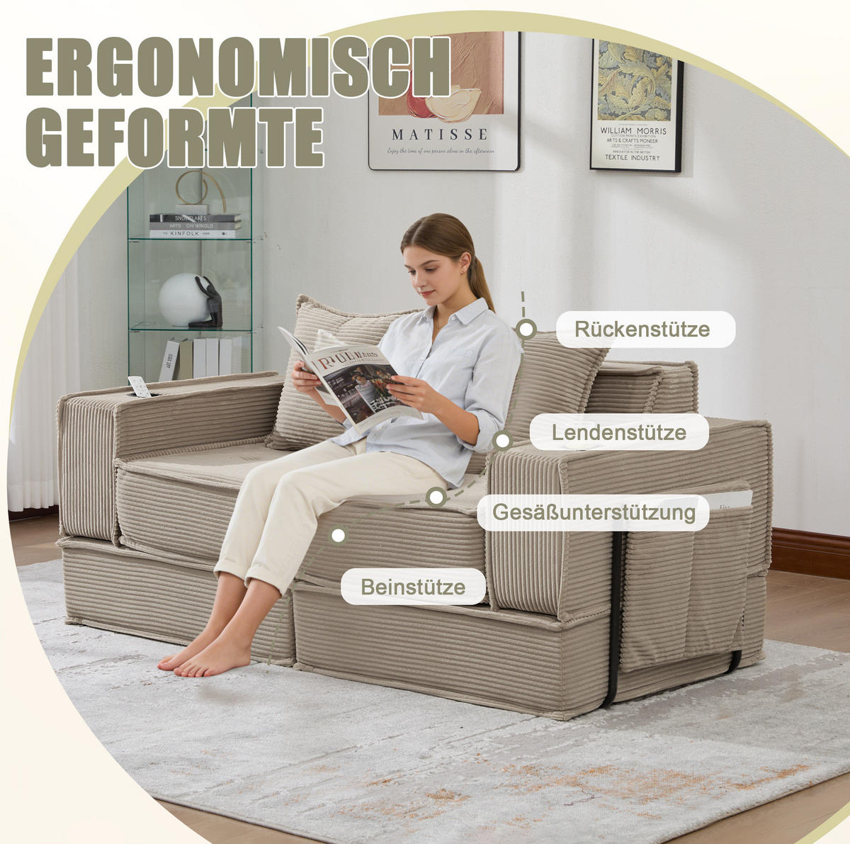 2-SITZER-SOFA 162/78/66 cm mit 2 Kissen, Seitentaschen und modularer Form, Cord Khaki - Beige, Textil (162/66/78cm) - Redom