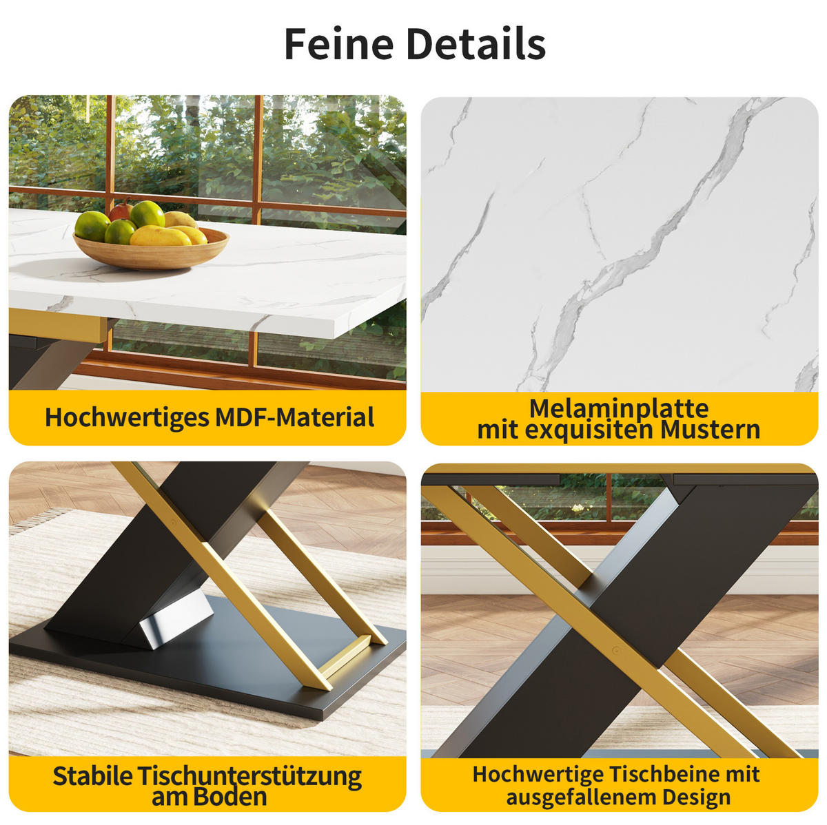 AUSZIEHBARER Esstisch MDF mit Marmormuster & Metallgestell, 120-160/80/75,4 cm, Schwarz - Schwarz, Holzwerkstoff (160/80/75.4cm) - Redom