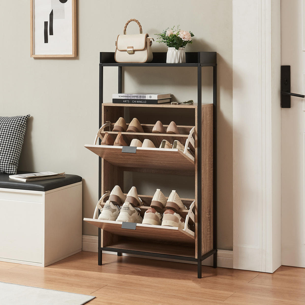 SCHUHKIPPER Belana - Eichefarben/Schwarz, Holzwerkstoff/Metall (60/115.5/23.5cm) - [en.casa]