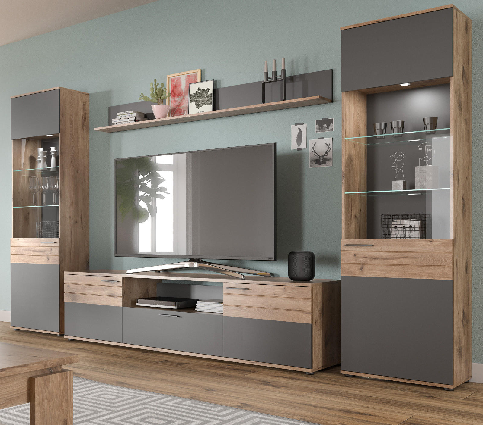 WOHNWAND Eiche, grau 4-teilig 338 cm, Schrankwand mit Soft-Close, Wohn- und Esszimmermöbel - Eichefarben/Schwarz, Glas/Holzwerkstoff (338/200/47cm) - Inn.Furn