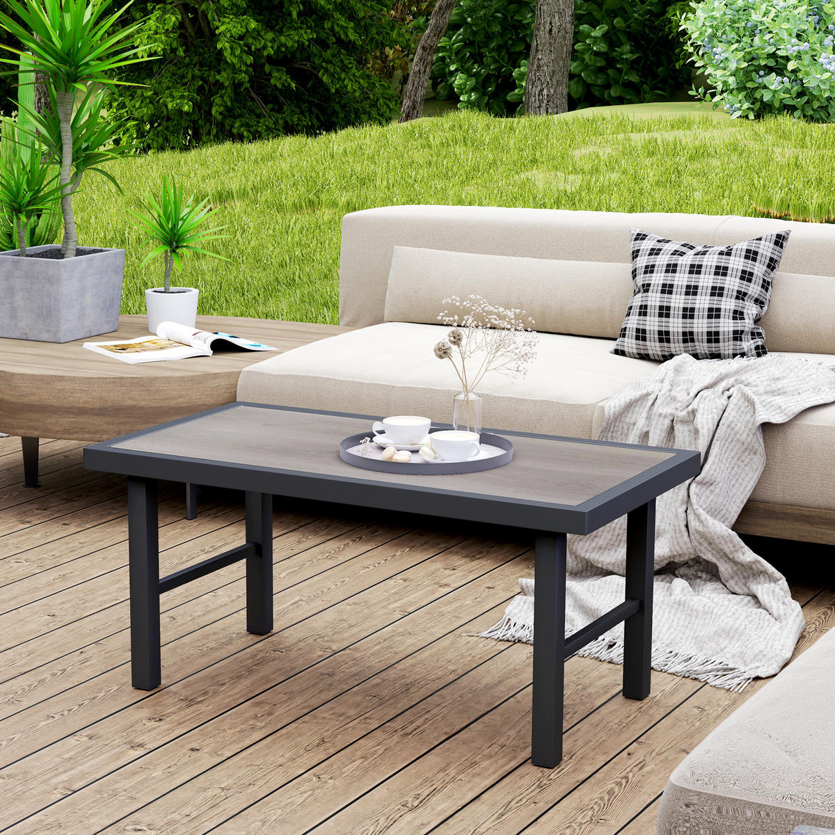 GARTENBEISTELLTISCH DE-14181 rechteckig 100x52 cm, Holzoptik Schwarz - Grau, Metall (100/52/46cm) - ComfortXL