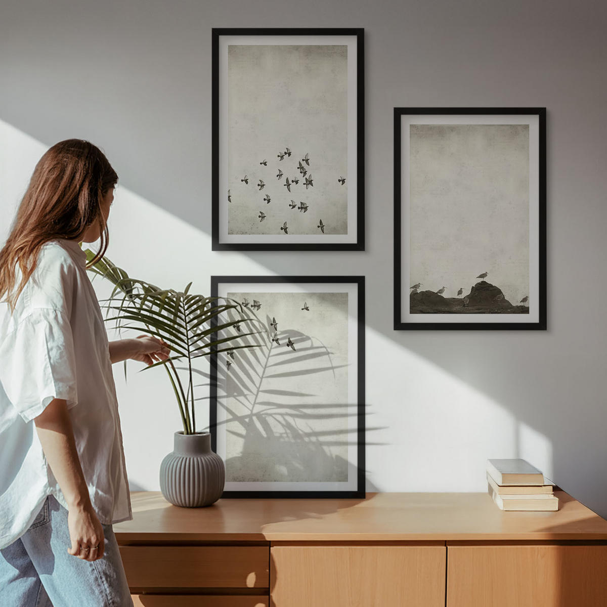 WANDBILDER 3er-Set - 40x60 cm Schwarzer Rahmen - Vögel im Flug, minimalistischer Stil - Schwarz, Kunststoff (40/60cm) - ArtPrintCave