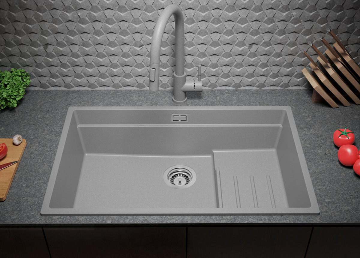 SPÜLBECKEN Praga Slim, 2-er set Grau 76/47 cm 1 Becken + Ablauf-Set + Aufrollbare Abtropffläche ab 80er Unterschrank - Chromfarben/Grau, Kunststoff (76/20/47cm) - Primagran