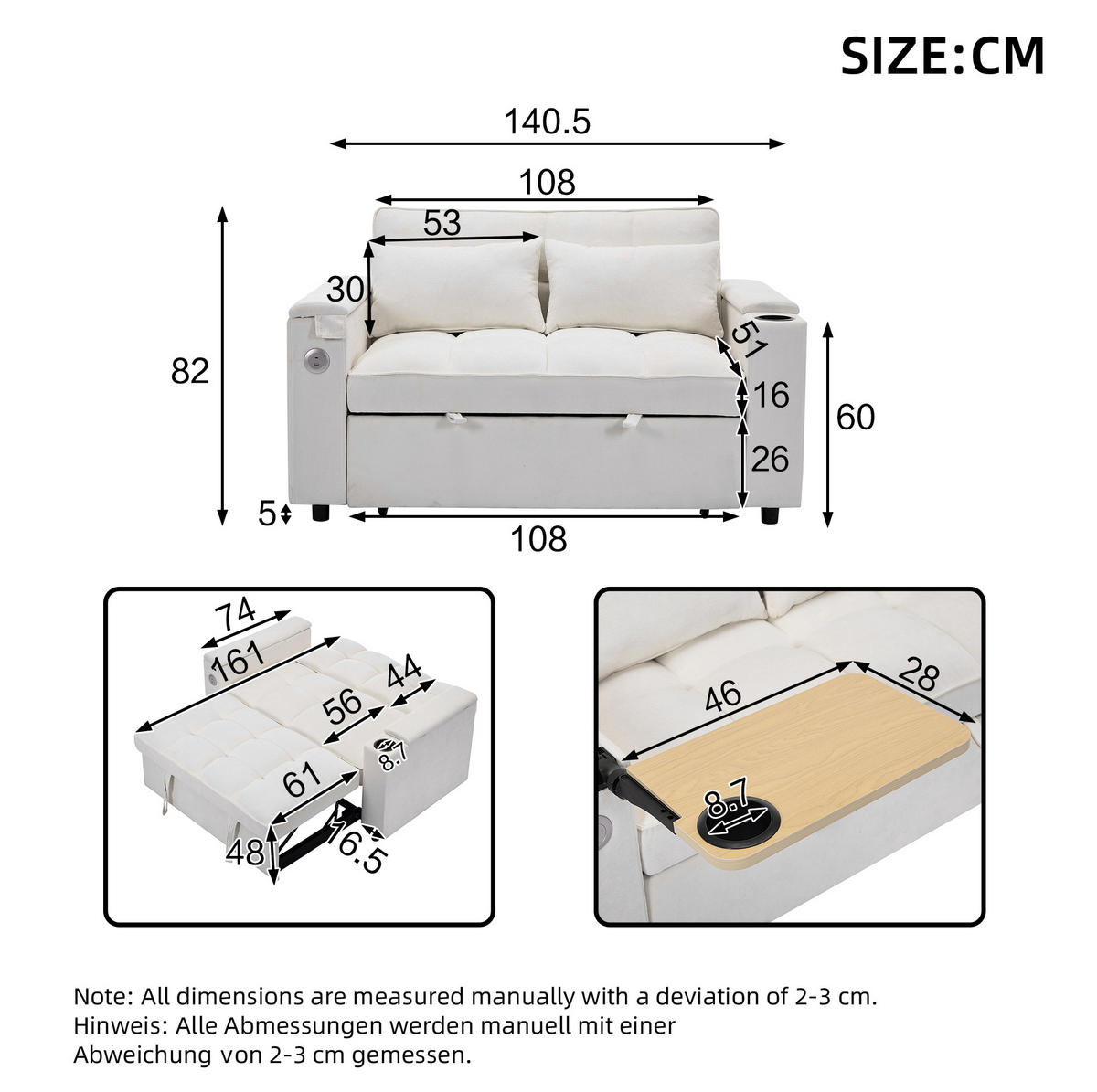 SCHLAFSOFA aus Stoff 140,5x74x82 cm Beige mit USB-, Typ-C-Anschluss, verstellbarer Rückenlehne und verstecktem Tisch - Beige, Textil (140.5/82/74cm) - Modfu