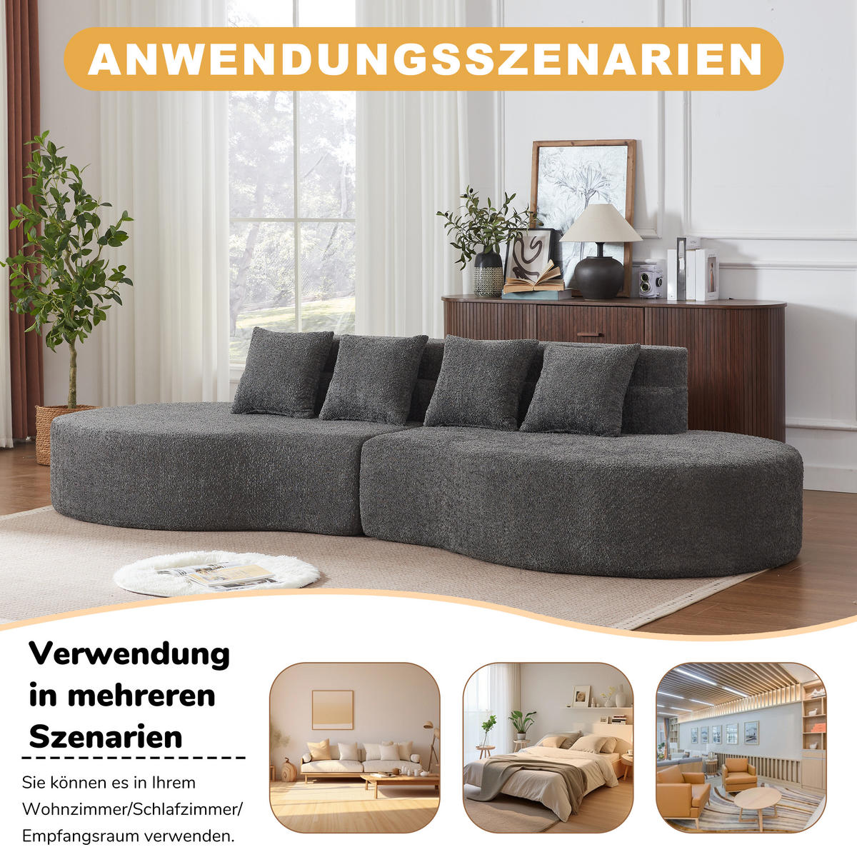 4-SITZER SOFA Chenille Grau Modulares 2-teiliges Design - Grau, Textil (310/65/110cm) - WISHDOR