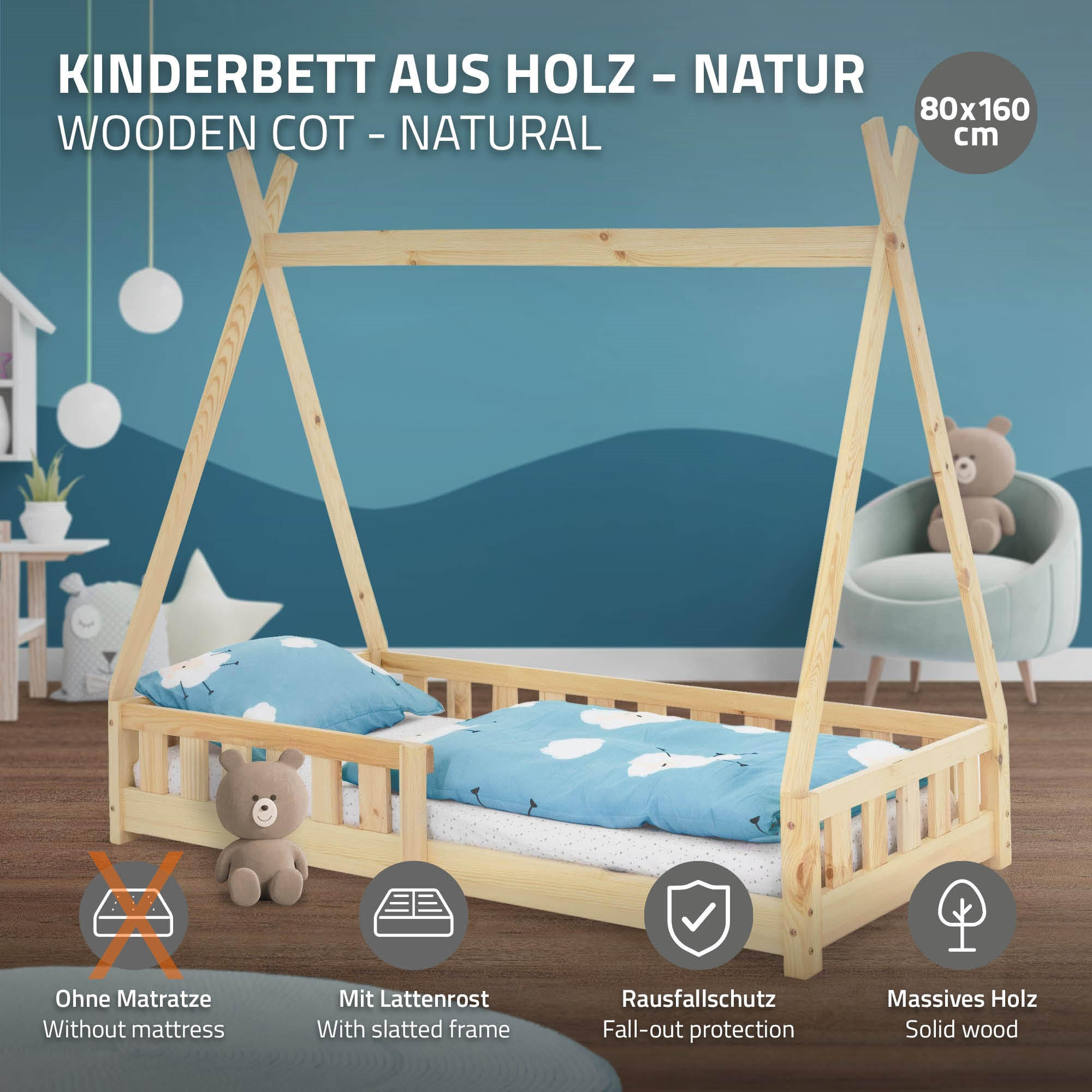 Ml-Design Kinderbett Natur 80x160 cm