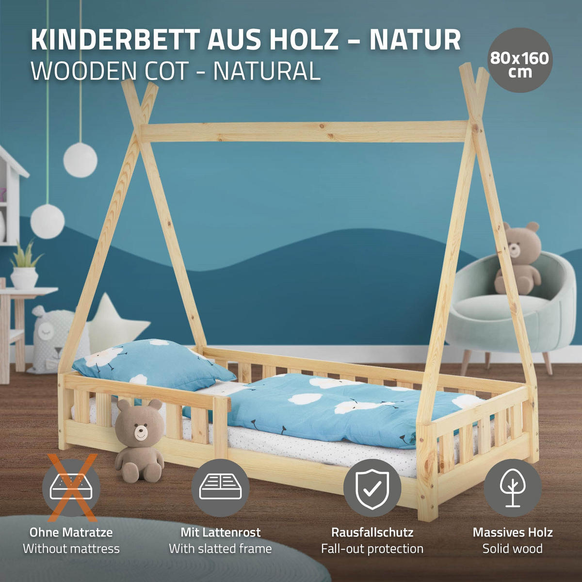 KINDERBETT Tipi 80x160 cm Natur - Naturfarben, Holz (80/160cm) - ML-DESIGN