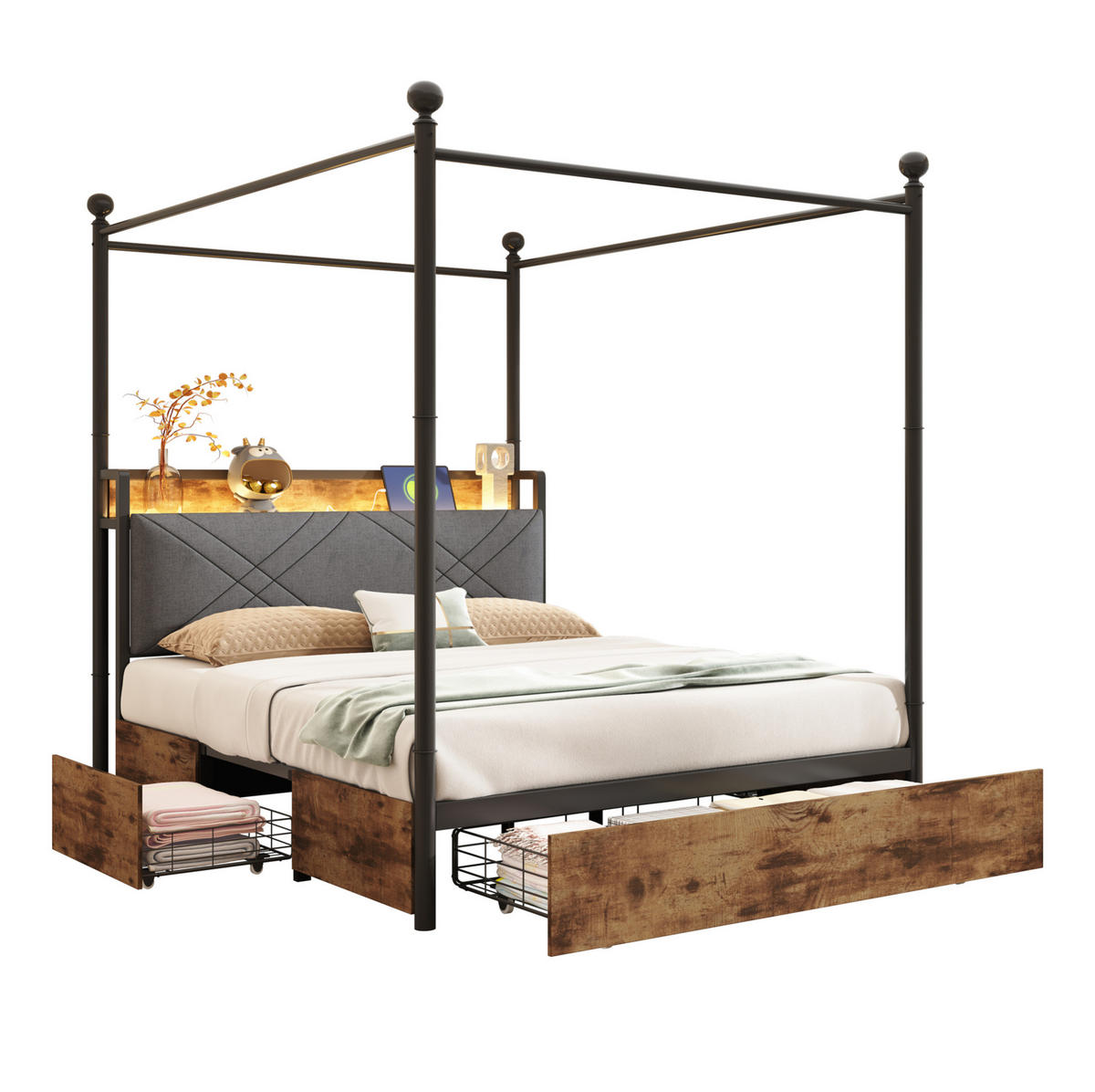 POSTEL s nebesy 140/190 cm černá z kovu s LED osvětlením USB/Type-C a úložným prostorem - černá, kov (140/190cm) - OKWISH