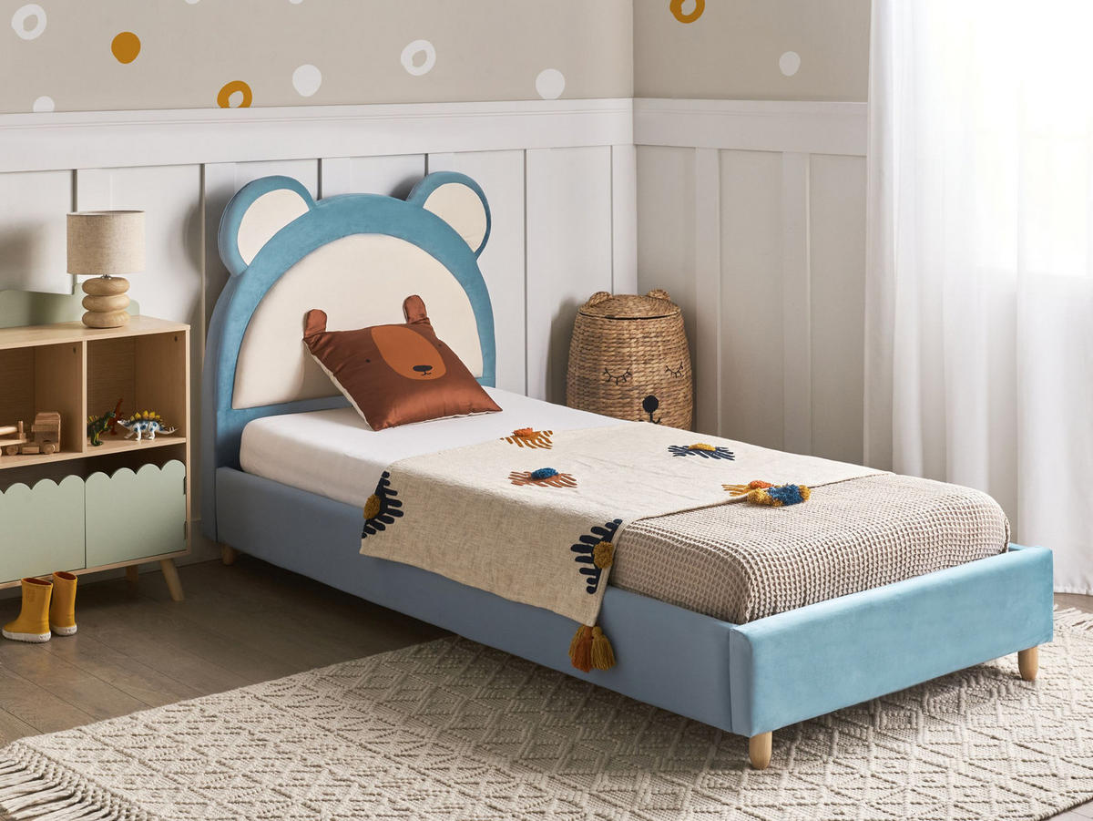 KINDERBETT 90/200 cm Hellbraun Mailles - Blau/Hellbraun, Textil (90/200cm) - Beliani