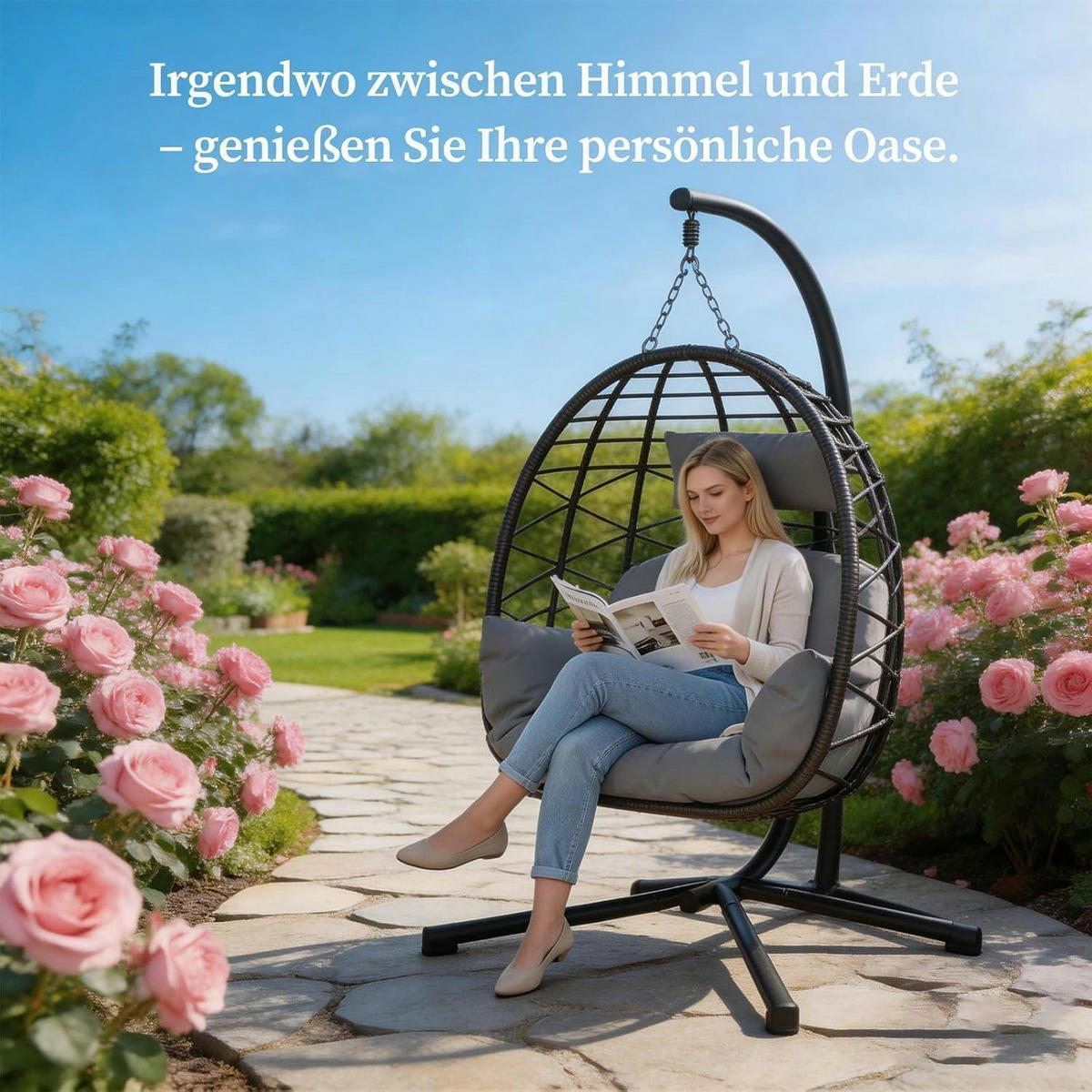 HÄNGESESSEL mit Gestell Outdoor Grau bis 150 kg - Grau, Naturmaterialien (106/196/105cm)