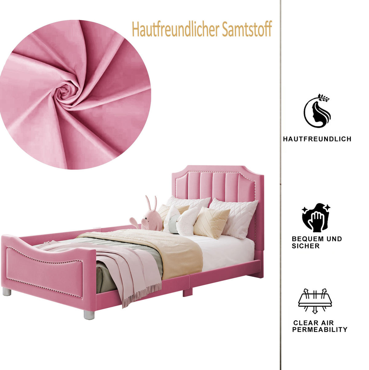 POLSTERBETT 90/200 cm Rosa aus Massivholz mit Rückenlehne - Pink, Holz (90/200cm) - OKMYHOME