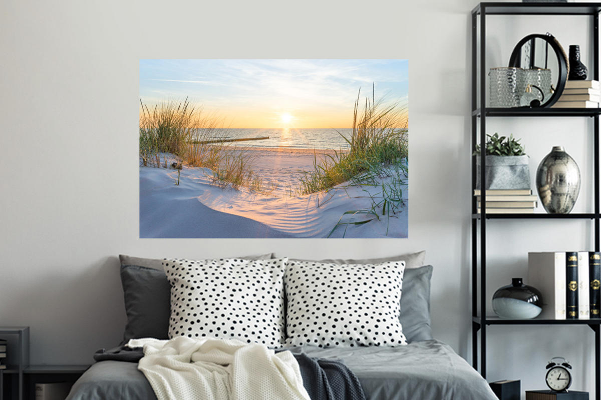 WANDTATTOO Strand - Sonne - Düne - Gras - Sand - Horizont 120x80 cm - Hellblau, Kunststoff (120/80/0.1cm) - MuchoWow