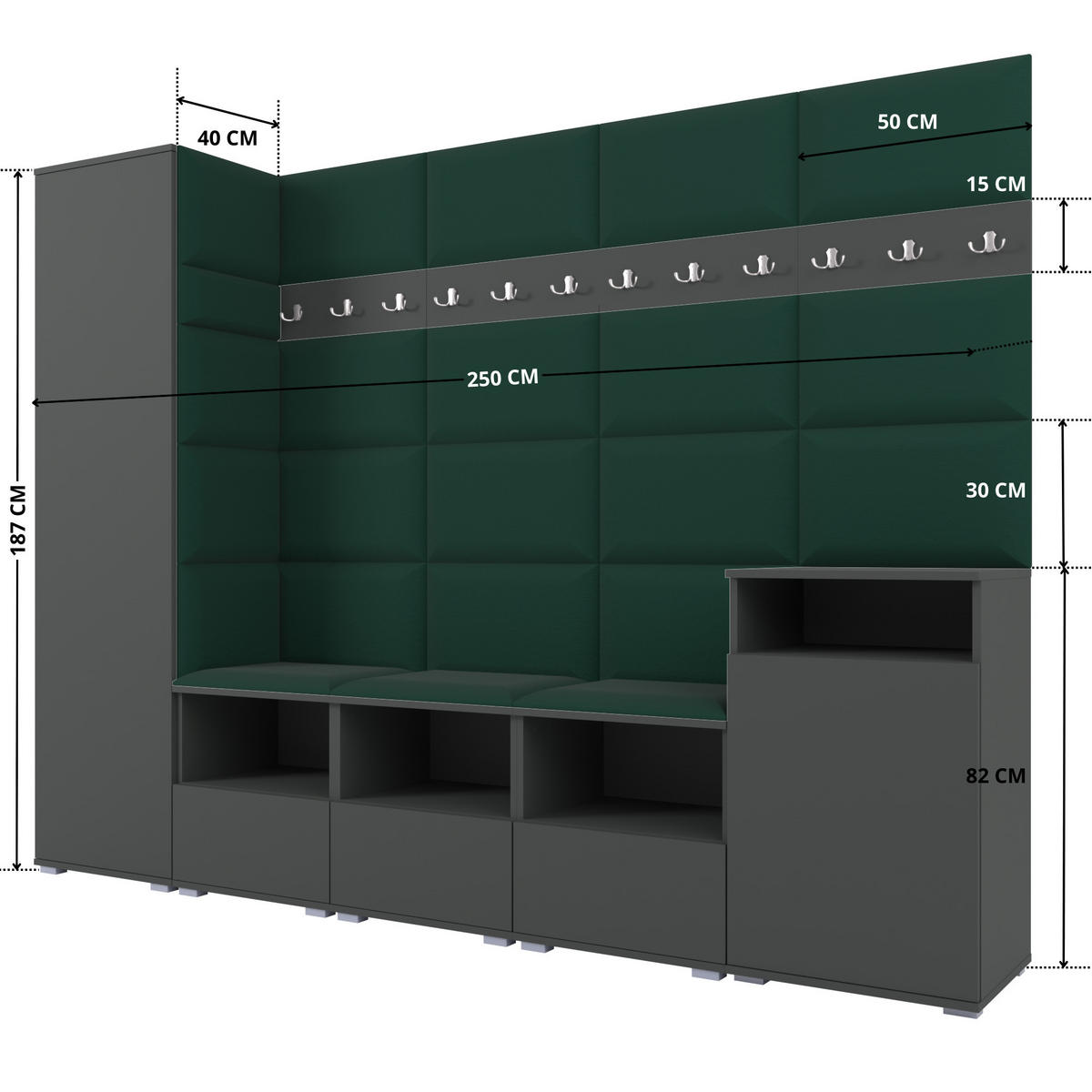 GARDEROBE NELA XI 250 cm (Modulare Flurmöbel Graphit mit Sitzpolster Flaschengrün 28 Großes Set) - Dunkelgrün/Silberfarben, Holz/Holzwerkstoff (250/187/40cm) - Ravio