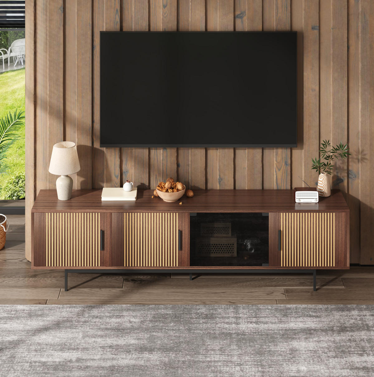 TV-ELEMENT mit LED-Lichtleiste ca. 200 x 35 x 53 cm Schwarz/Walnussbraun - Schwarz, Holzwerkstoff (35/53/200cm) - Beauniv