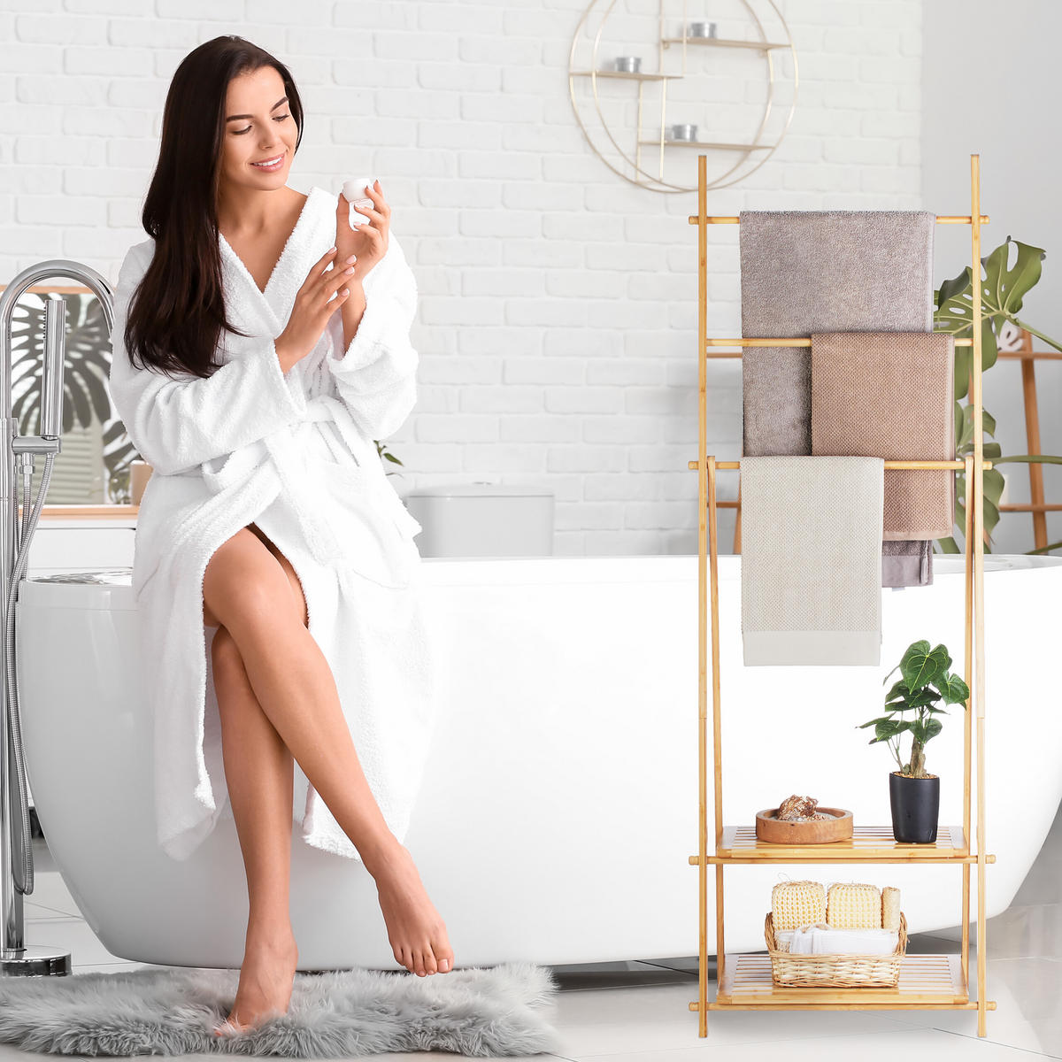 HANDTUCHSTÄNDER - Hellbraun, Holz (53.5/153/30cm) - Relaxdays