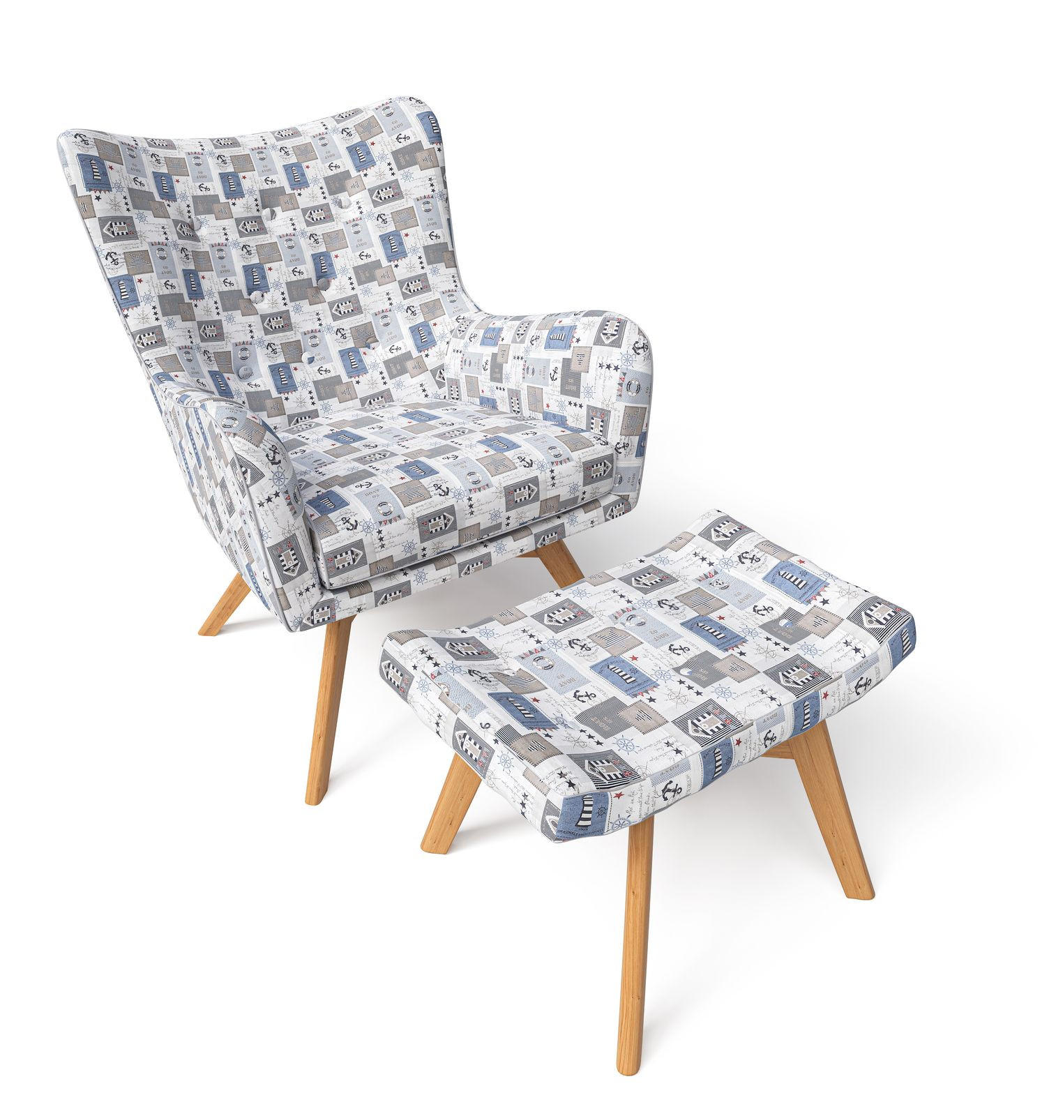 OHRENSESSEL Manhattan, Relaxsessel mit Hocker | Modern & Design, Patchwork maritime - Blau, Textil (67/50/87cm) - Supellex