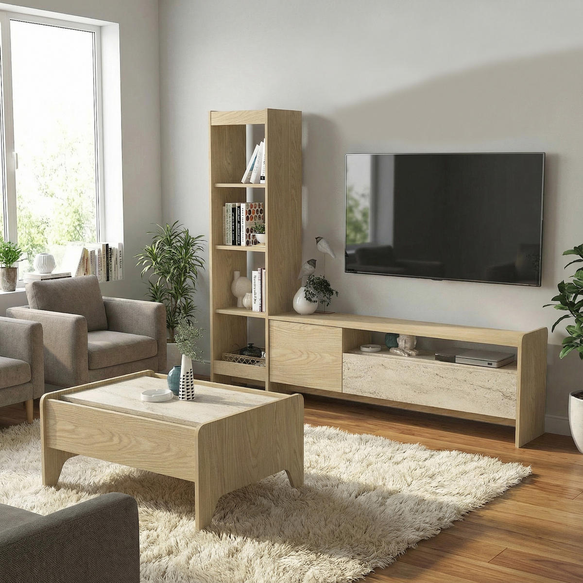MOEBEL17 Couchtisch – Moderner Couchtisch mit Ablage – Wohnzimmertisch Design – Sofatisch – Minimalistischer Tisch Wohnzimmer – Rechteckiger Couchtisc - Naturfarben, Holzwerkstoff (60/77/38cm)